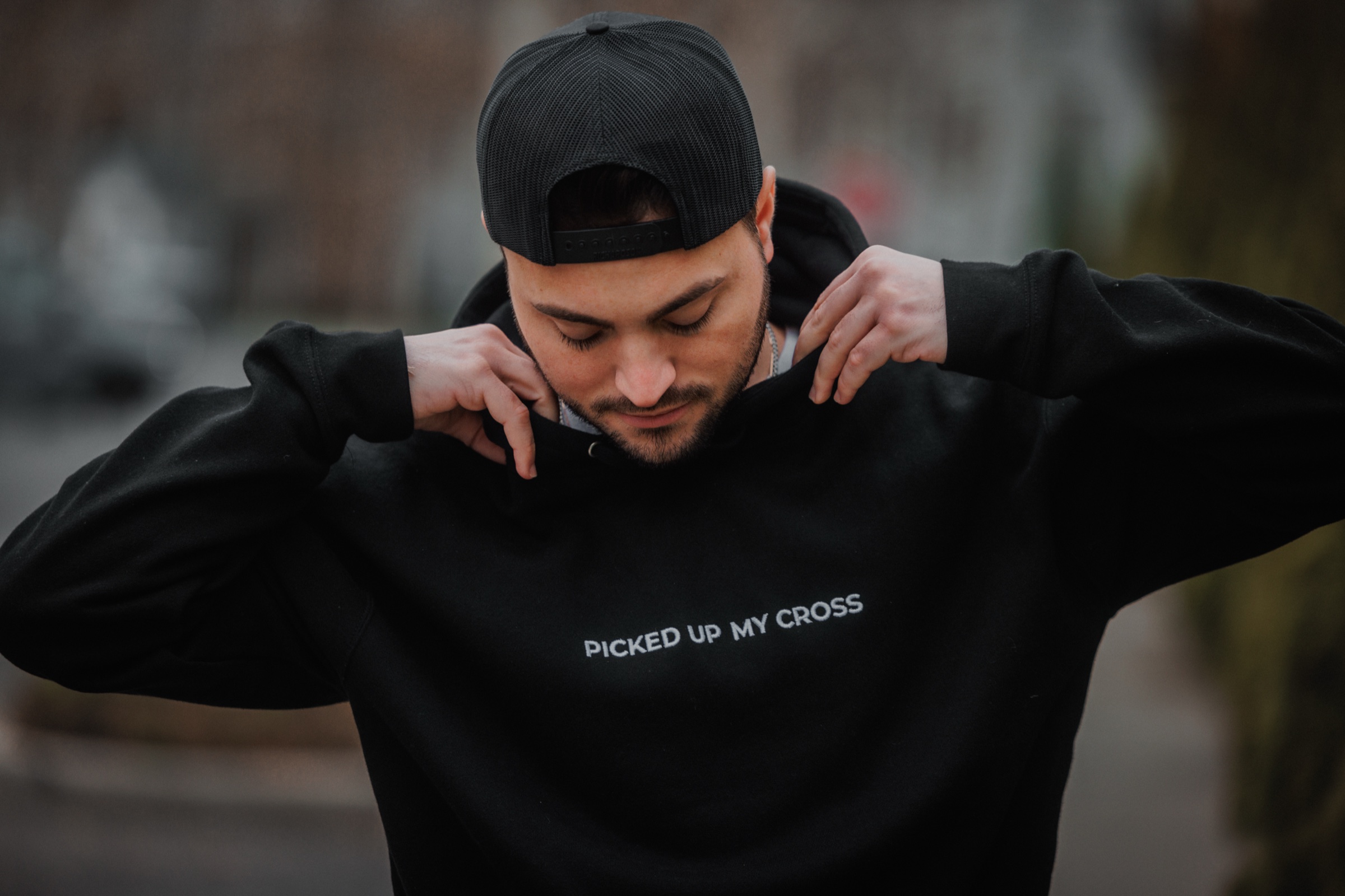 Close view of the Picked Up My Cross hoodie design